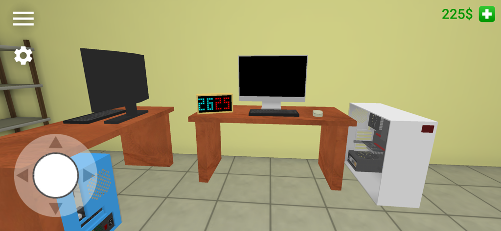 Vista en primera persona de escritorios de computadora y componentes de hardware en el entorno del juego PC Simulator