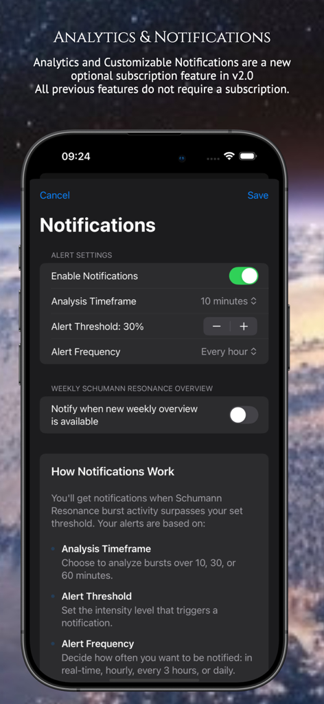 EarthBeat - Schumann Resonance - シュマン共鳴アラート用のEarthBeatアプリの通知設定画面。