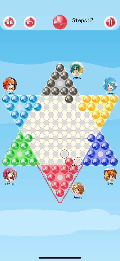 Chinese Checkers-A.I. Enhanced - A screenshot of the Chinese Checkers AI Enhanced mobile game showing a star-shaped board with colorful marbles and anime avatars.