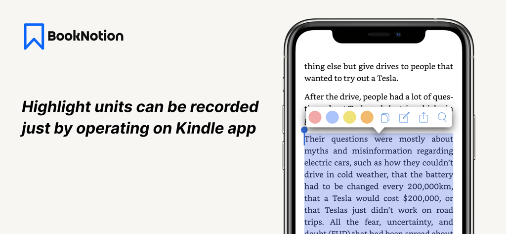 Book Notion｜notes reviews memo - BookNotion app interface demonstrating how to record highlights from the Kindle app