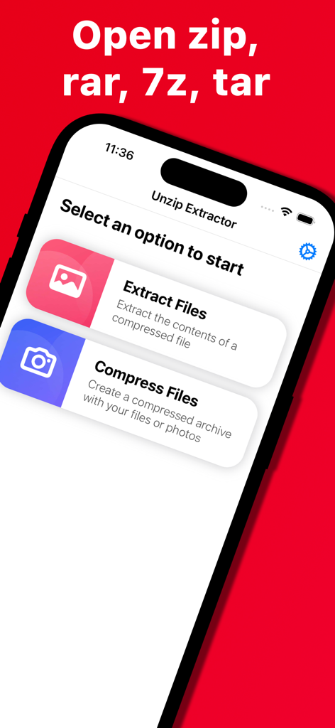 Unzip Extractor 앱 인터페이스에서 zip rar 7z 및 tar 파일 추출 및 압축 옵션 표시