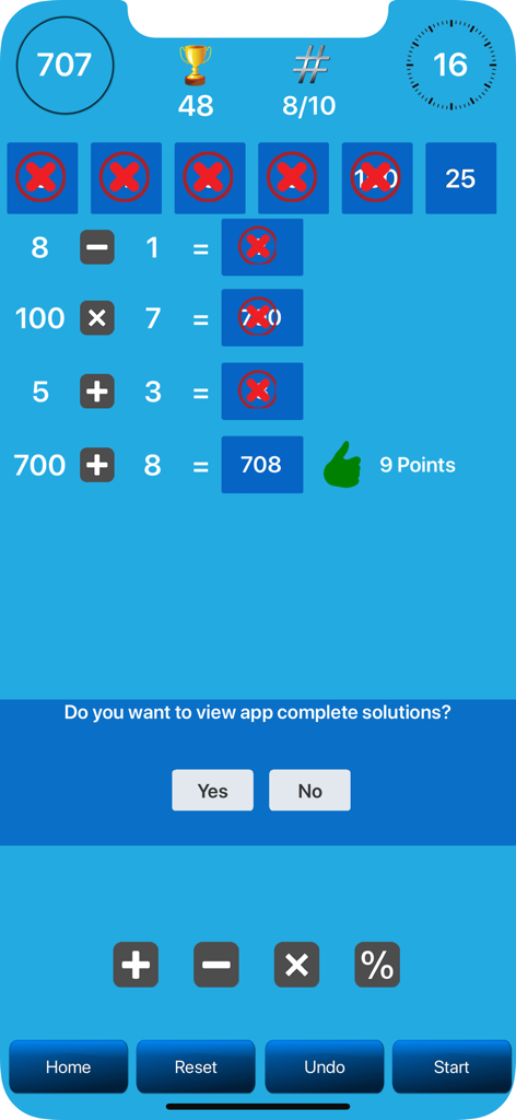 The Countdown Numbers Game - Gameplay of The Countdown Numbers Game showing arithmetic equations and a target number