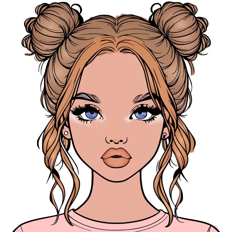 realistic girl with two buns in hair and lips