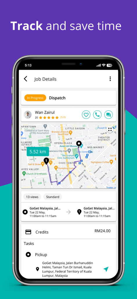 GoGet: Hire on demand - Mobile screen showing the GoGet app tracking a live job on a map with provider details and task progress.