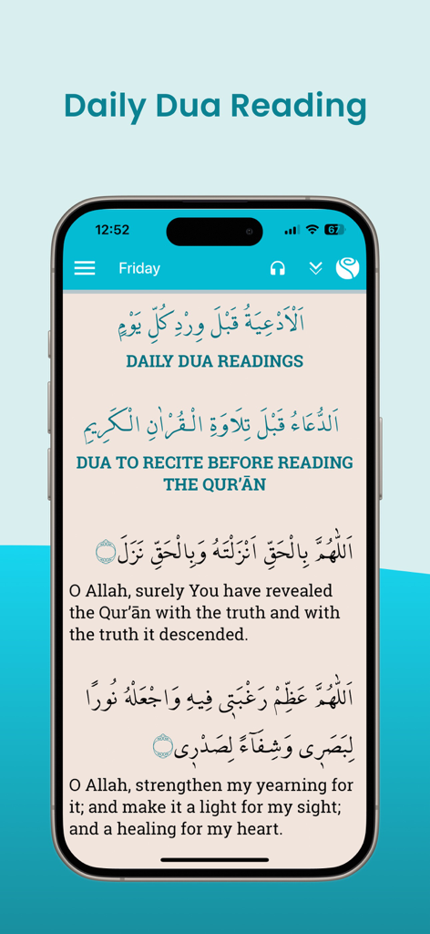 Mobile phone screen showing the Daily Dua Readings app with Arabic text and English translation of a prayer for Friday