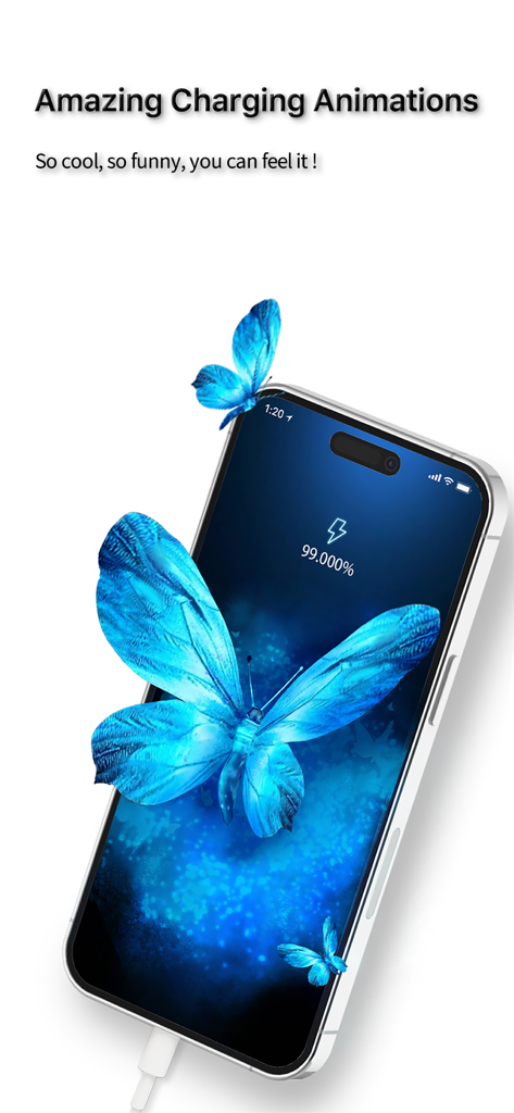 Mimpi-Live Wallpaper&Animation - A smartphone screen displaying a 3D blue butterfly charging animation from the Mimpi app.