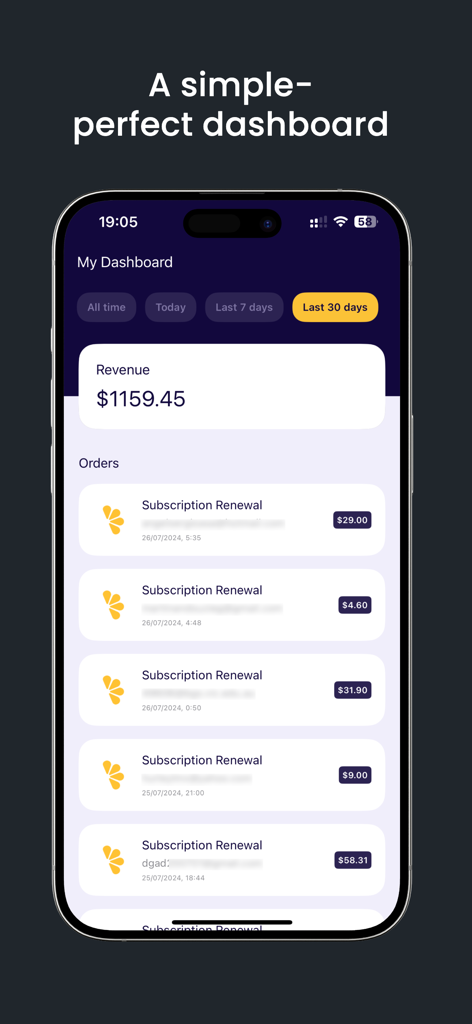 Lemon Squeeze - Panel móvil de la aplicación Lemon Squeeze que muestra los ingresos totales y una lista de los últimos pedidos de renovación de suscripción