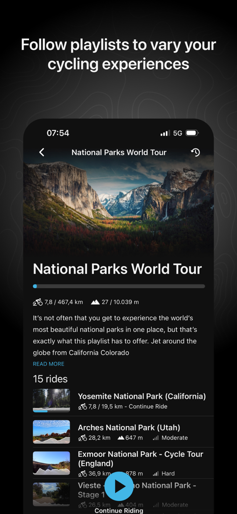 Tacx Training™ - A smartphone screen showing the Tacx Training app interface featuring a National Parks World Tour cycling playlist with various scenic routes.