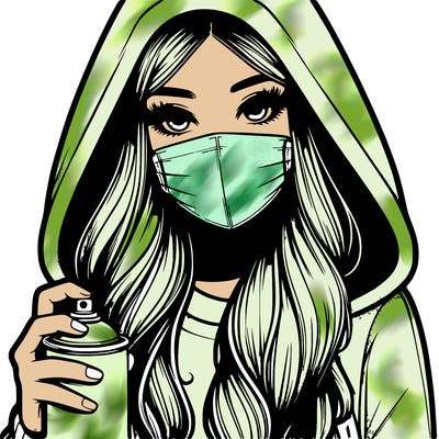 girl wearing a mask with long hair with her hood up spray-painting realistic