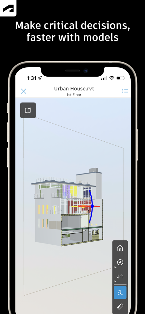 Autodesk Construction Cloud - A 3D architectural model of a building displayed on a smartphone using the Autodesk Construction Cloud app