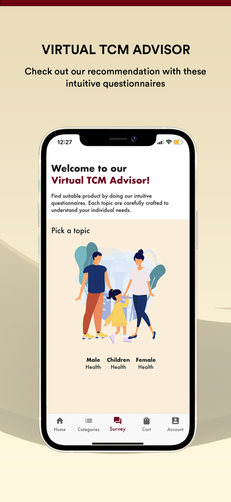 Eu Yan Sang - Eu Yan Sang app interface for the Virtual TCM Advisor featuring health questionnaires for the whole family