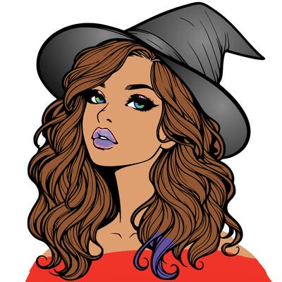 realistic witch girl with wavy hair and lips