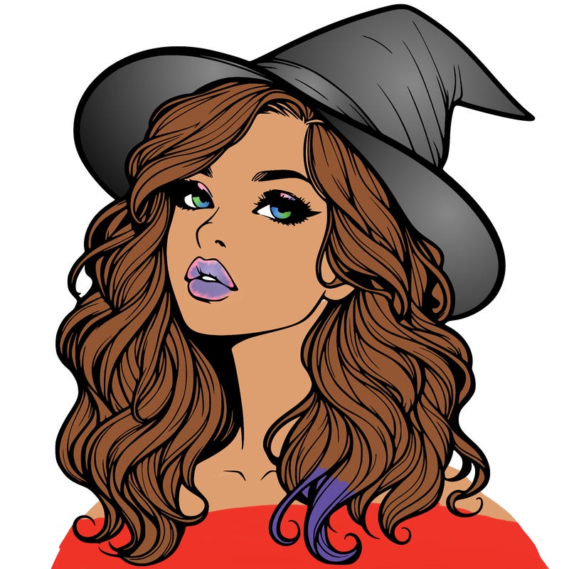 realistic witch girl with wavy hair and lips
