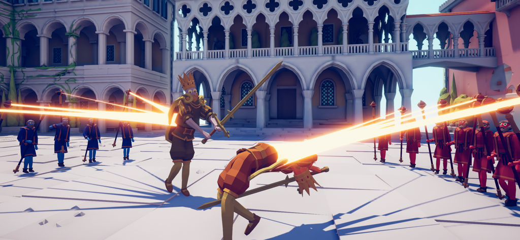 A battle between red and blue wobbly units featuring kings and laser beams in a courtyard