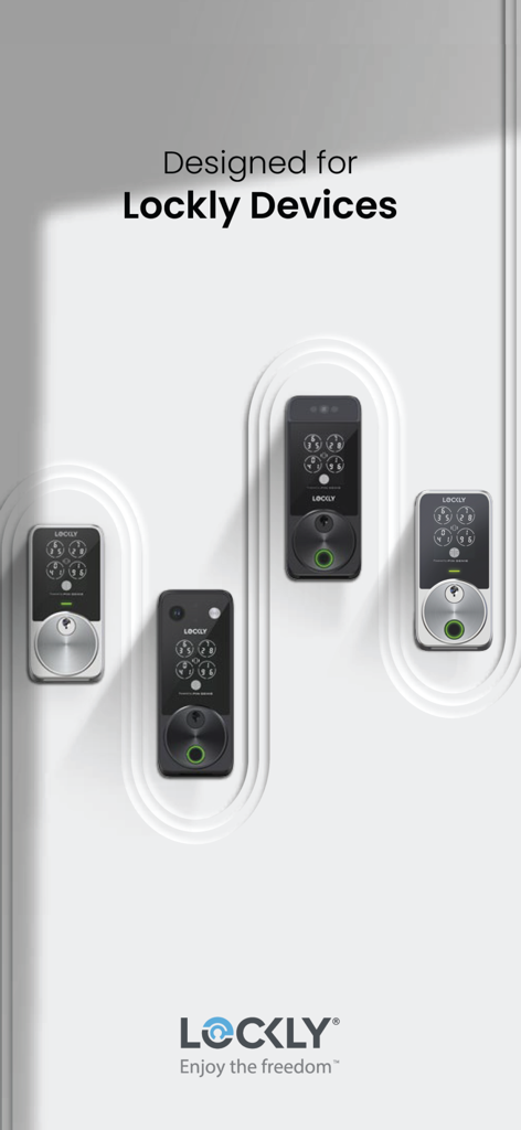 A lineup of various Lockly smart lock models including the Vision and Visage series