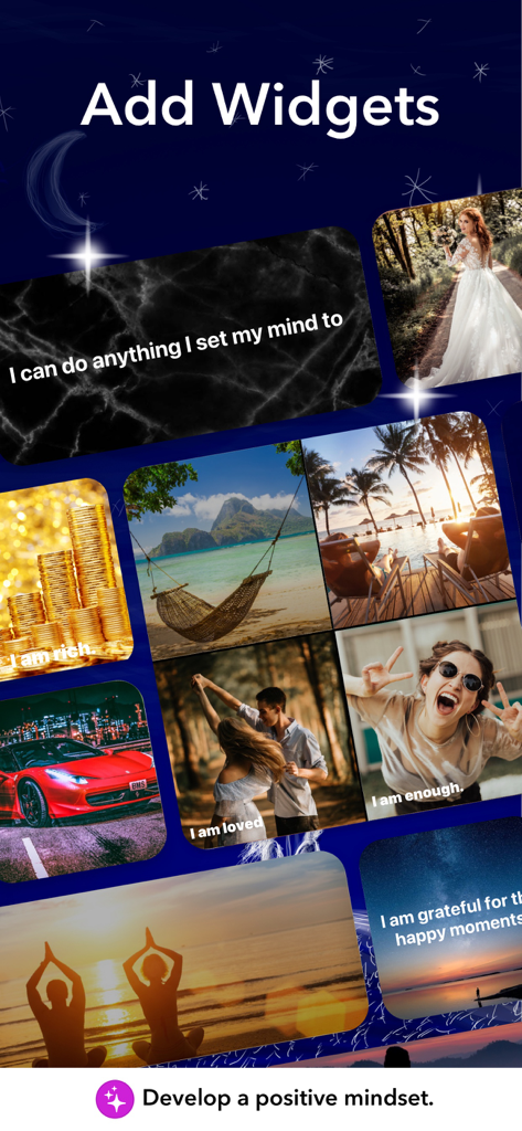 Screenshot of Vision Board ++ app showing various customizable home screen widgets with motivational images and affirmations like I am loved and I am enough.
