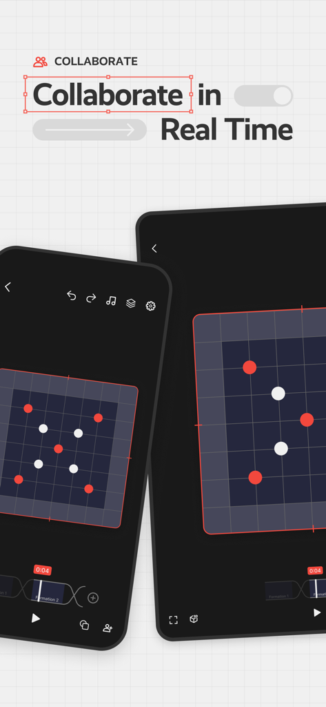 Real-time collaboration on dance formations between two devices showing stage positioning.