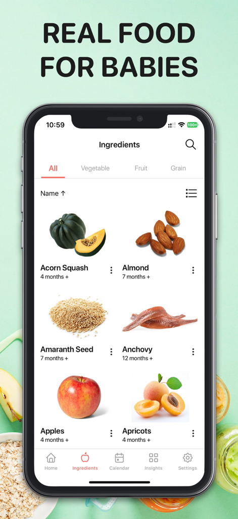 BLW Meals: Baby Led Weaning - Ingredients screen of the BLW Meals app showing healthy real food for babies with age recommendations