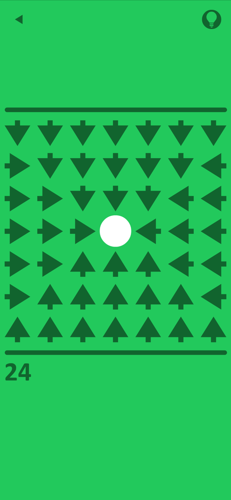Nível 24 do jogo de quebra-cabeça minimalista green com setas verde-escuras e um círculo branco central.