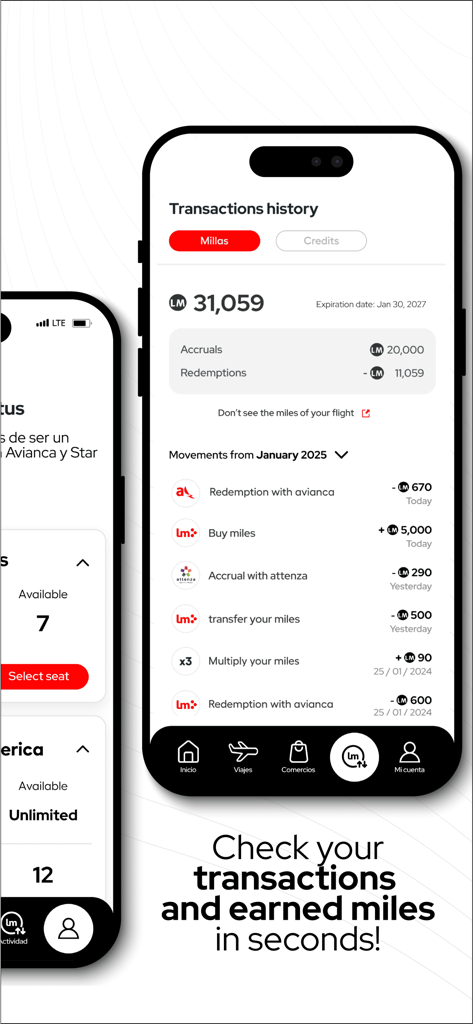 LifeMiles app transaction history screen showing miles balance and recent activity