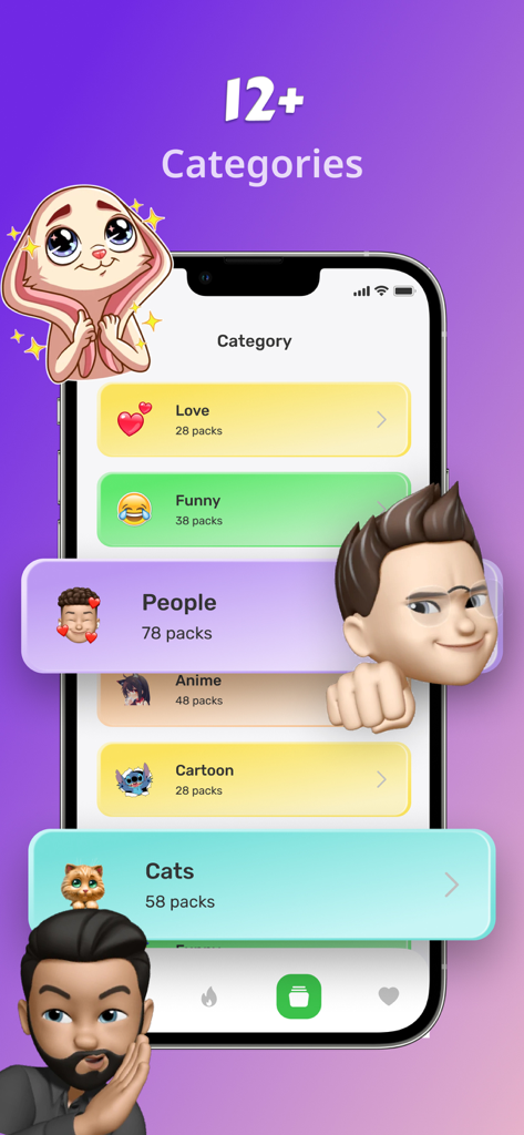 Top Stickers - Emoji & Memes - Smartphone screen showcasing sticker pack categories including Love Funny and Cats in the Top Stickers app.