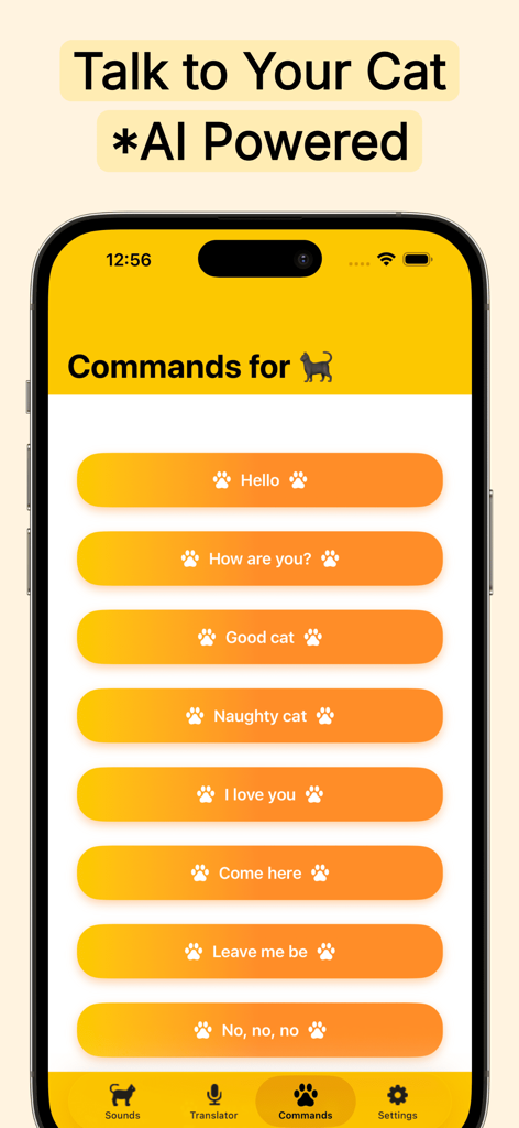 Cat Translator for Cats - A mobile app screen showing AI powered commands for cats with buttons for phrases like Hello and I love you.