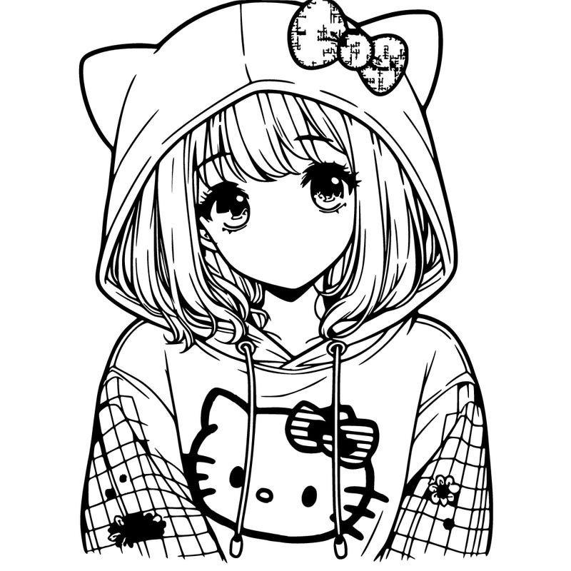 a girl wearing a hello kitty sweater with hood also realistic