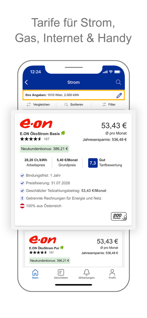 CHECK24 Österreich - Mobile app screen showing electricity tariff comparison with an E.ON offer in the CHECK24 Austria app.