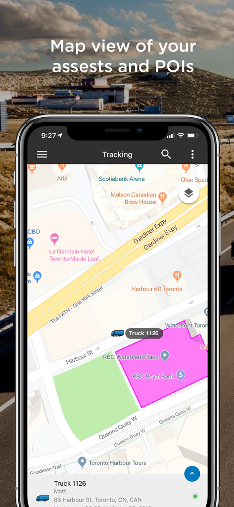 Fleet Complete app map interface showing asset locations and points of interest