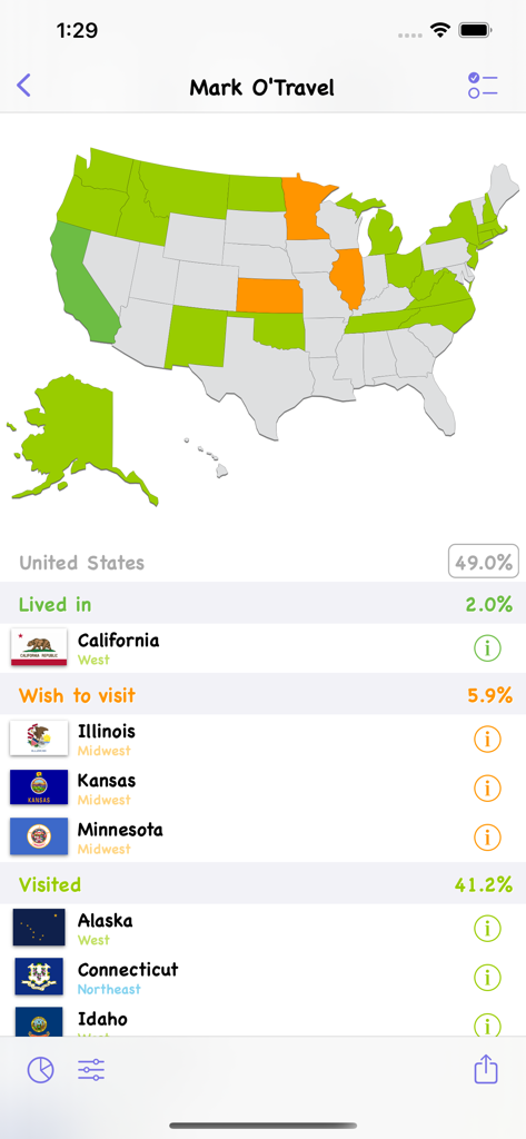 A mobile app interface showing a color-coded map of the United States tracking visited and wish-list states with percentage statistics.