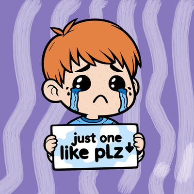 realistic crying boy with a sign saying just one like plz