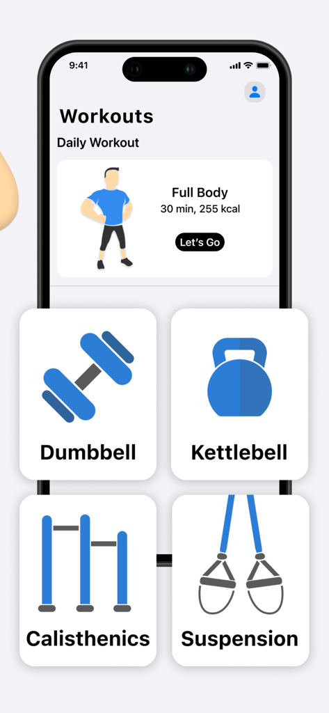 Calisthenics Coachy - Tableau de bord de l'application mobile Calisthenics Coachy montrant un entraînement complet du corps quotidien et des options pour les haltères, les kettlebells, la callisthénie et l'entraînement en suspension.