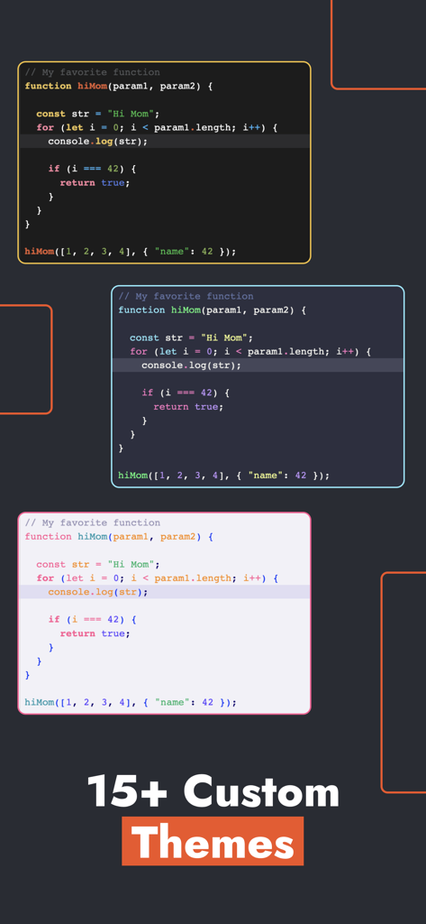 A preview of multiple color themes for the CodenQuest code editor interface