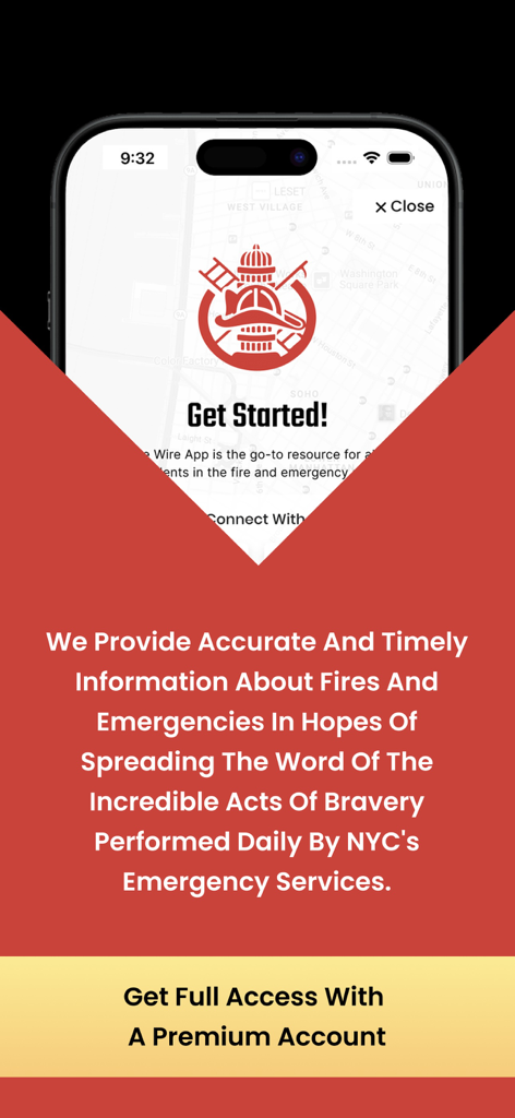 Welcome screen of The Fire Wire App showing its mission statement to support NYC emergency services and a premium account prompt.