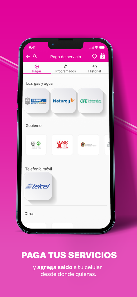Liverpool: Compra en línea - Mobile screen of the Liverpool app showing service payment options for utilities and mobile phone recharge