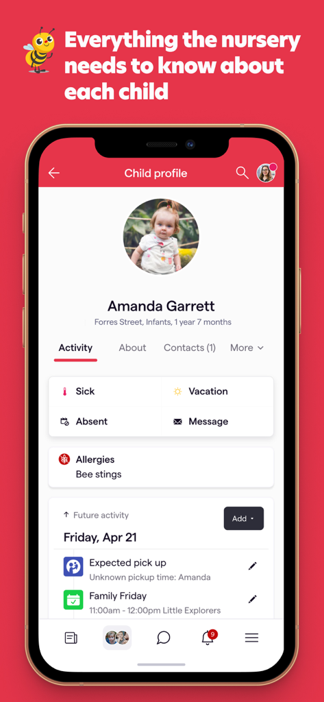 Busy Bees Childcare - Busy Bees Childcare app interface showing a detailed child profile with activity logs, allergy alerts, and upcoming nursery schedules