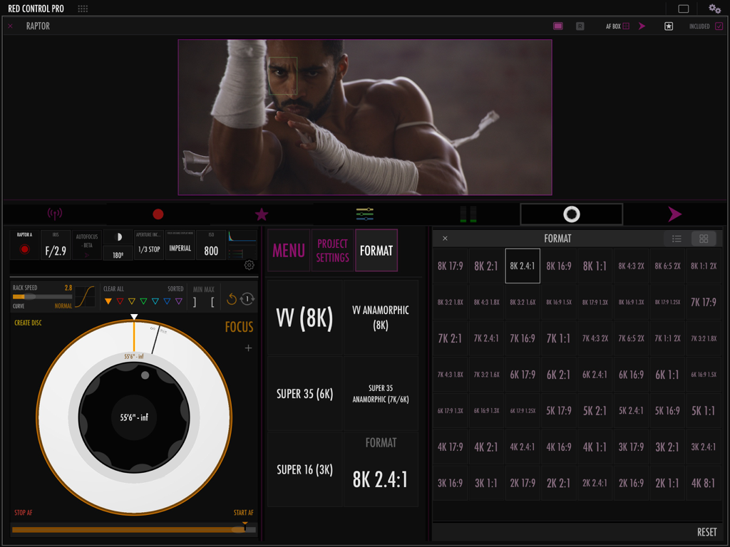 RED Control Pro app interface showing live camera monitoring with focus wheel and resolution format settings