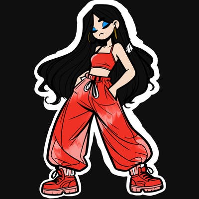 girl in baggy pants crop top and long hair