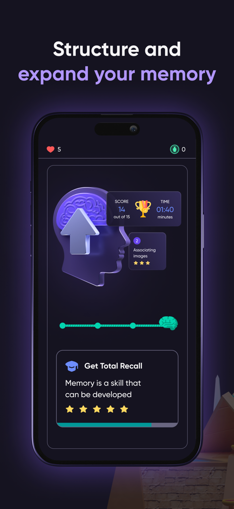 memoryOS-App-Bildschirm, der den Fortschritt und die Übungen des Gedächtnistrainings zeigt