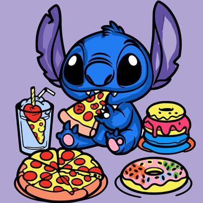 stich eating pizza and donuts