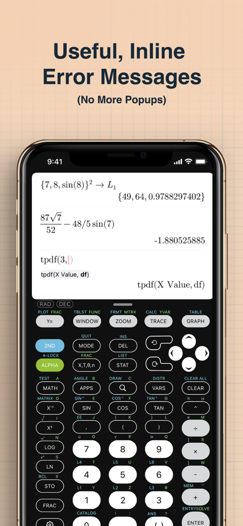 Calculate84 for Institutions - Graphing calculator app interface showing inline error messages and function suggestions on an iPhone