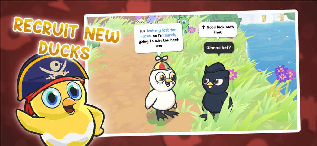 Duck Life 9: The Flock - Two ducks talking in a grassy field with a text overlay that says Recruit New Ducks