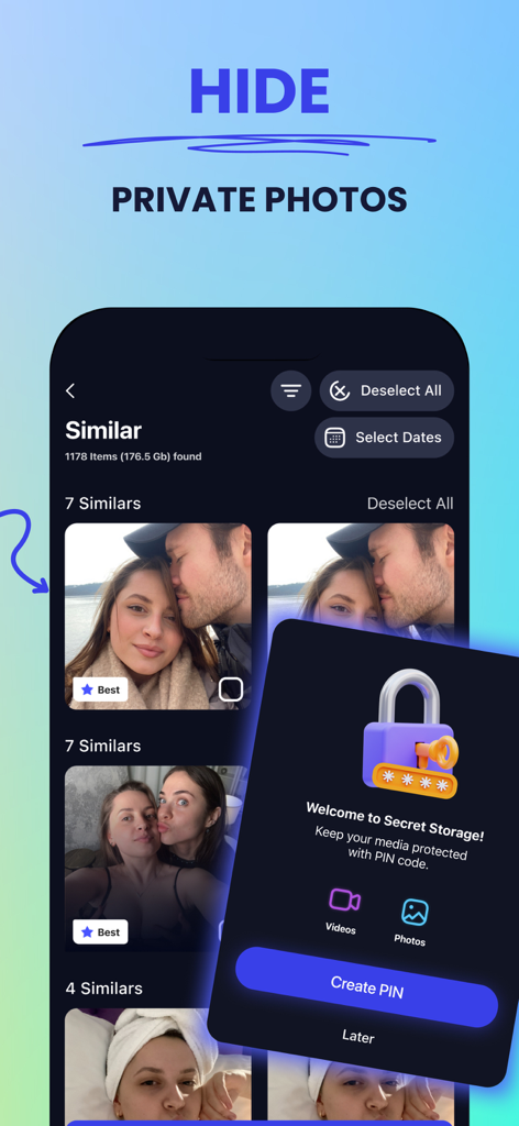 Interfaz de la aplicación Cleaner Guru que muestra una bóveda de almacenamiento secreta para fotos privadas con protección PIN