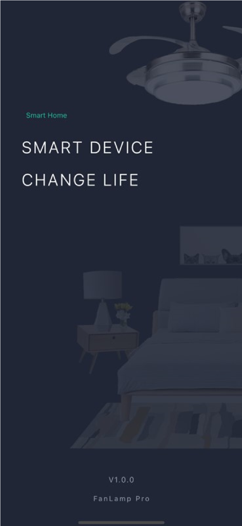 FanLamp Pro app welcome screen featuring a smart ceiling fan and a modern bedroom