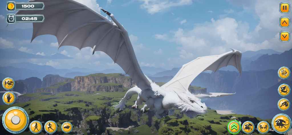 Um dragão branco voando sobre uma paisagem montanhosa 3D no jogo de simulação Rise of Dragon Family Quest.