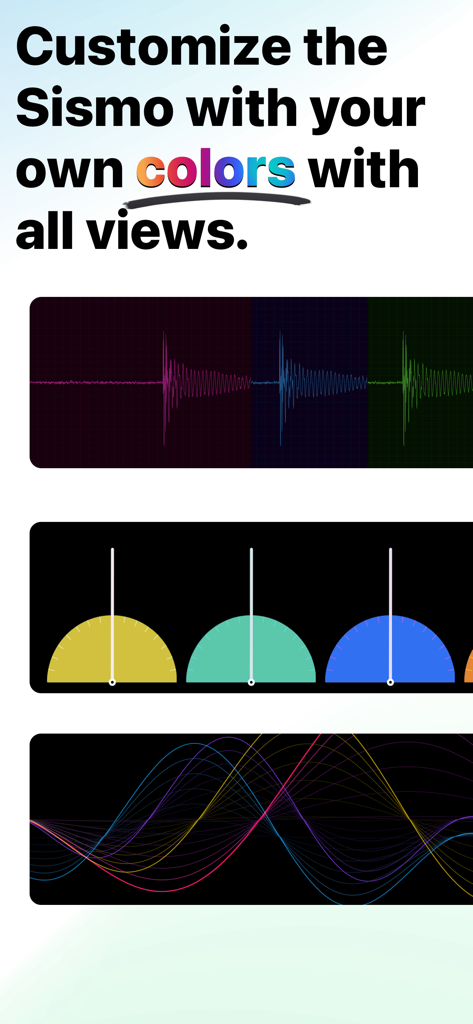 Sismo app screenshot showing multiple colorful vibration visualization styles including oscilloscope and metronome views