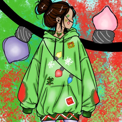 realistic girl with a oversized sweatshirt on and a bun