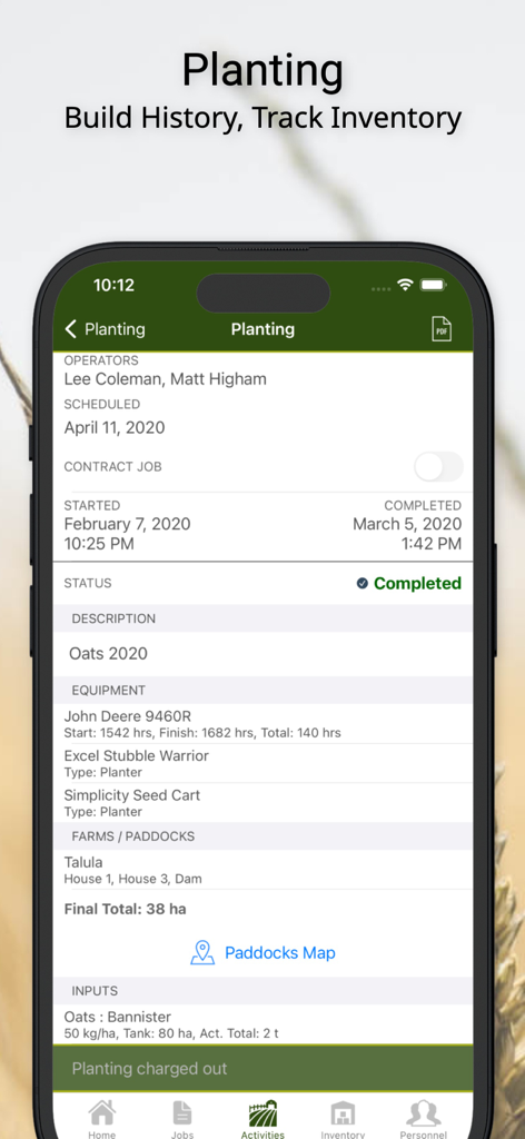FarmSimple - A mobile screen from the FarmSimple app showing a completed planting activity record for oats including equipment and paddock details