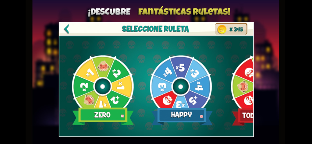 Écran de sélection pour différentes roulettes de jeu, y compris les modes Zero et Happy dans l'application de fête Cultura Chupistica 2.