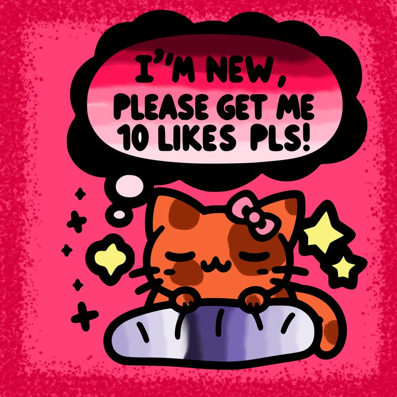 kitty taking a nap dream talking and saying "i'm new, please get me at least 10 likes pls!!"